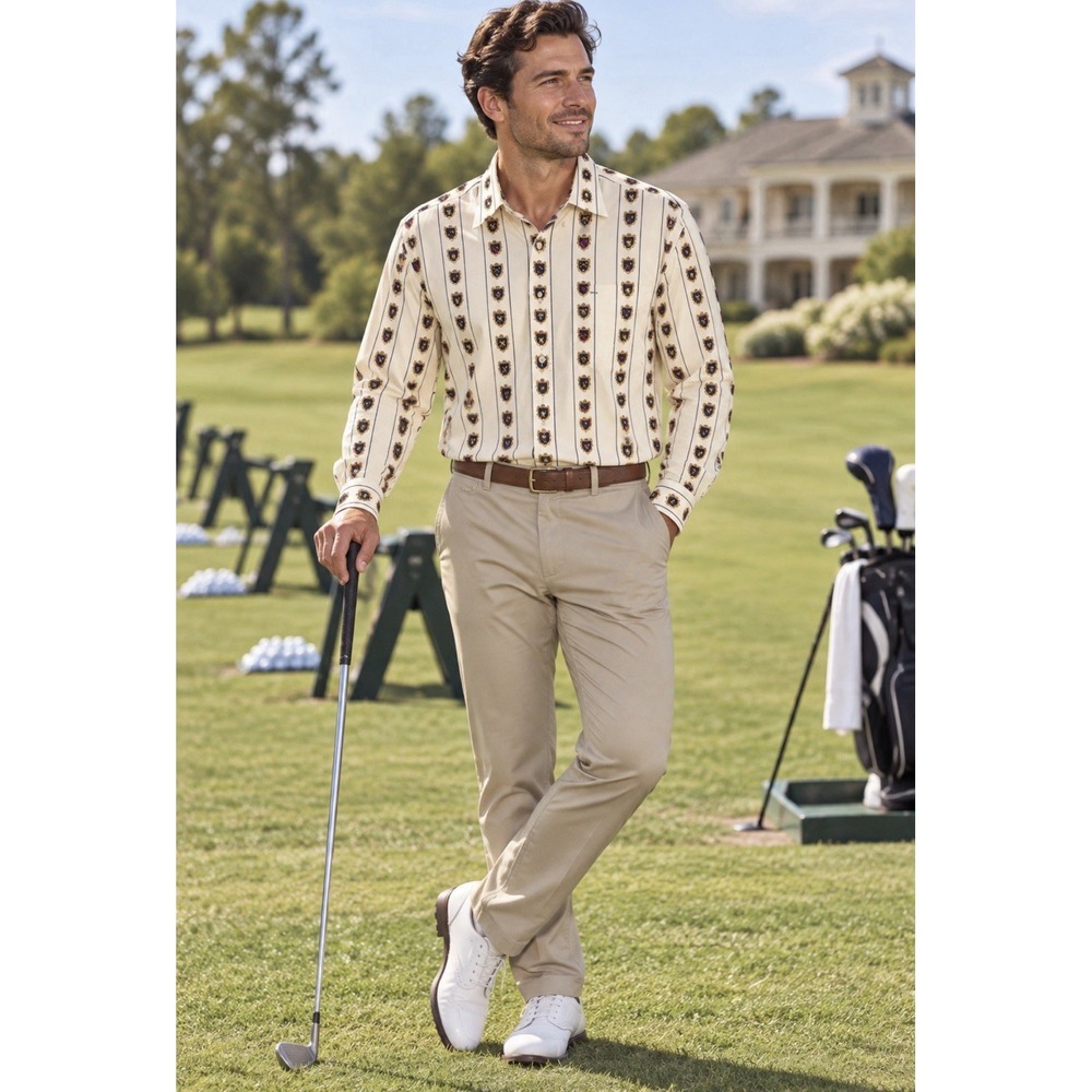 Tommy Hilfiger Men's L Large cream and purple Crest Shield Button Down Shirt